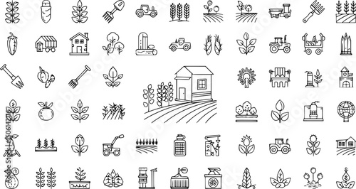 Agriculture and farming line icons set – outline, harvest, crops and cultivation symbols