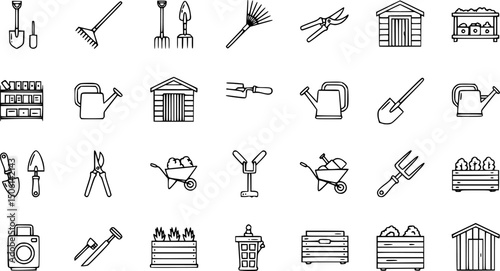 Garden tools and storage icon set in linear style for outdoor projects and organization