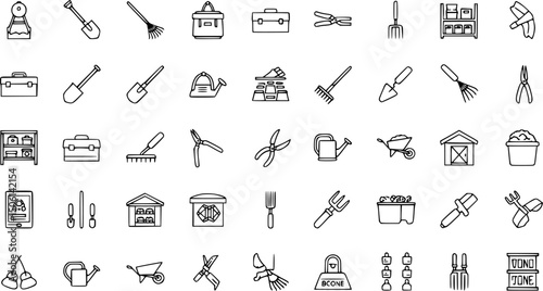 Garden tools and storage icon set in linear style for outdoor projects and organization