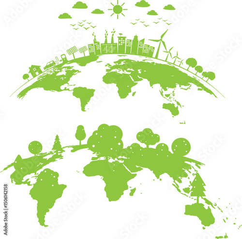 This green world map illustration displays the continents of Asia, America, Europe, Australia, and other countries on a global view of planet Earth, ideal for geography and travel design