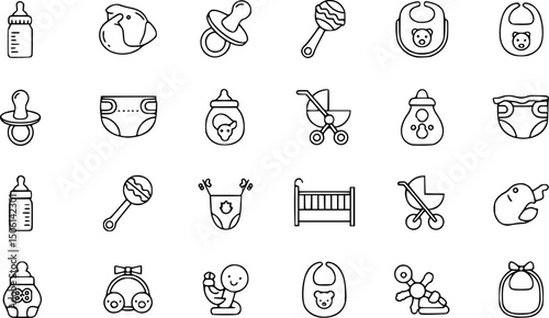 Baby essentials solid icons set – filled, silhouette, newborn and infant symbols