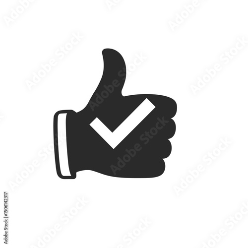 Simple thumbs up with checkmark, representing approval, confirmation, success, agreement, satisfaction, validation, and positive action