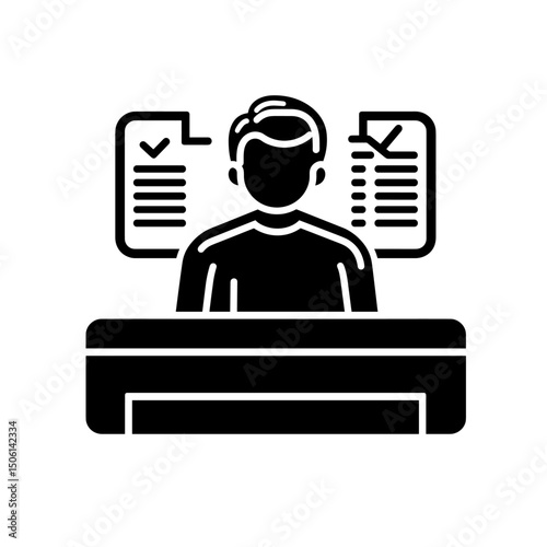 Silhouette of a student at a desk with checklists behind, representing study, test, exam, assessment, homework, schoolwork, preparation, and academic achievement