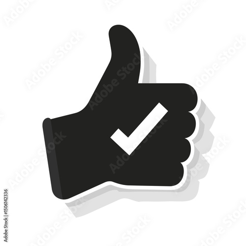 Black thumbs up with checkmark and shadow, perfect for approval, agreement, success, positive feedback, rating, endorsement, validation, or confirmation