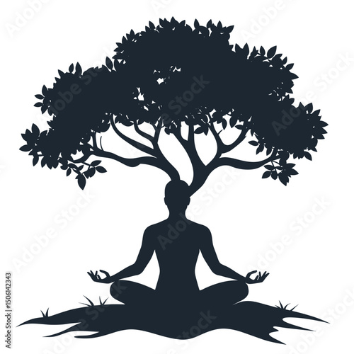 Person meditating under a large tree, representing mindfulness, meditation, relaxation, yoga, wellness, peace, spirituality, tranquility, and nature connection