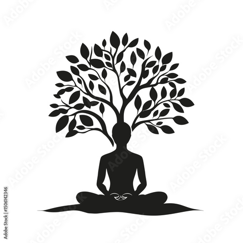 Person meditating under a leafy tree, symbolizing mindfulness, wellness, nature, yoga, inner peace, meditation, spirituality, and personal growth