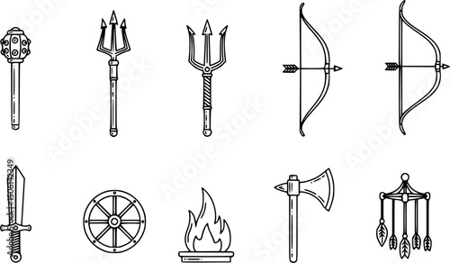 Ancient weapons silhouette icons set – solid style medieval, historical, and battle symbols: mace, trident, bow and arrow, sword, wheel, axe, fire, flail