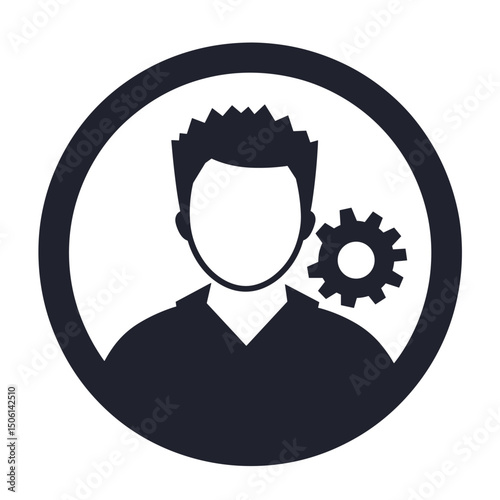 Male profile in a circle with a gear, symbolizing technical skills, engineering, support, expertise, development, professional, profile, and management