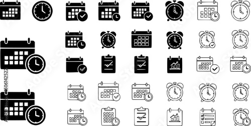 
Time management solid icons set – filled, silhouette, productivity and task planning