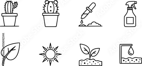 Gardening and plant care solid icons set – filled style for nature, horticulture, and botany enthusiasts: cactus, plant pot, dropper, spray bottle, leaf, sun, soil, water. 