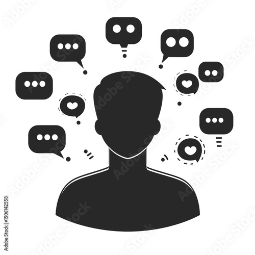 Silhouette of a person surrounded by chat bubbles, representing online discussion, communication, conversation, chat, feedback, social media, and messaging
