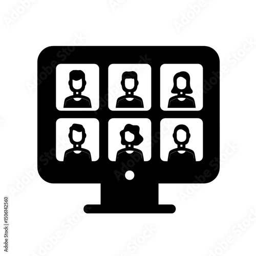 Black and white icon of a computer monitor with six user avatars, representing video call, conference, group meeting, webinar, communication, and online chat