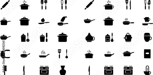 Cooking and kitchen solid icons set – silhouette, filled, culinary and recipe tools