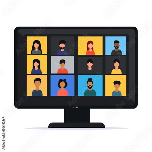 Computer monitor displaying a video conference grid with diverse participants, symbolizing remote meeting, online communication, webinar, teamwork, and virtual event