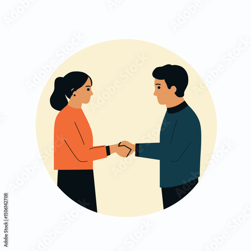 Two people shaking hands, shown in a circular frame, representing agreement, partnership, deal, handshake, greeting, business, trust, cooperation, and support