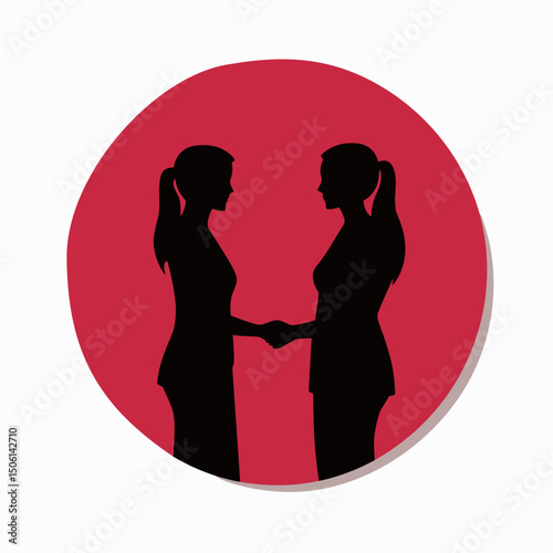 Silhouette of two women shaking hands in a red circle, symbolizing partnership, agreement, deal, cooperation, teamwork, business, greeting, and support