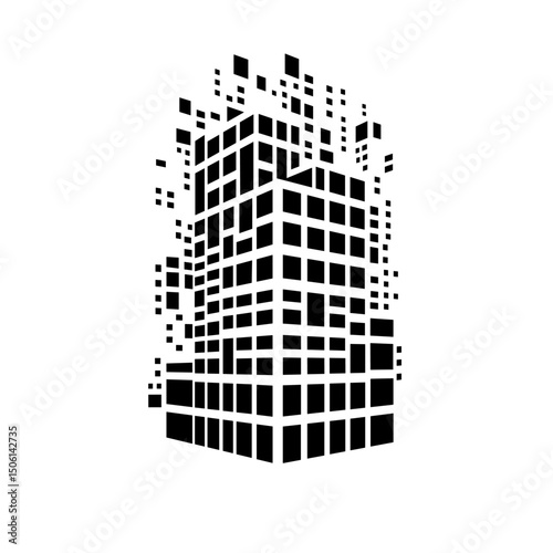 Modern digital city building dissolving into pixels, representing technology, urban, digital, city, innovation, architecture, smart city, and future