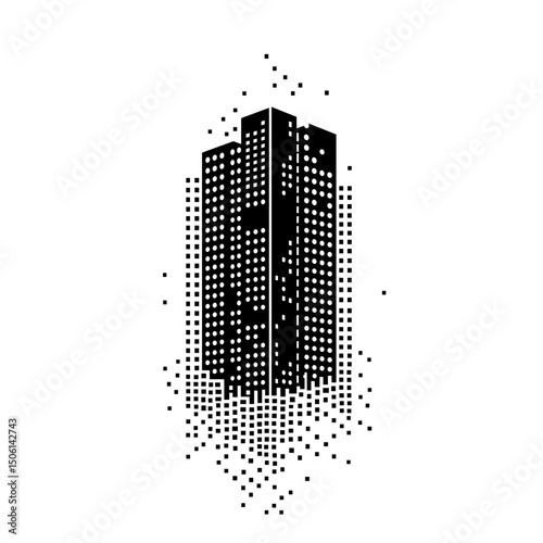 Pixelated skyscraper in black and white, illustrating digital city, smart city, urban technology, architecture, innovation, future, and construction