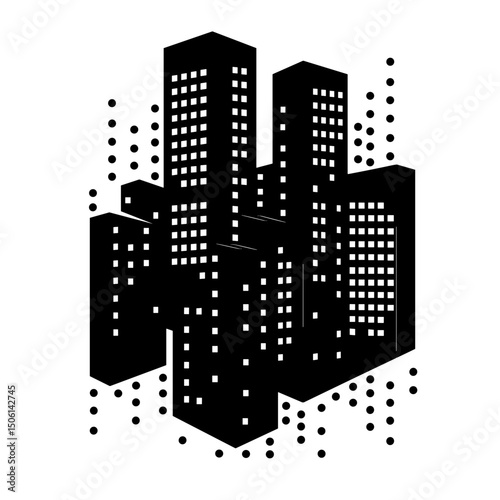 Pixelated cityscape with tall skyscrapers, symbolizing modern urban life, smart city technology, digital innovation, construction, architecture, and growth