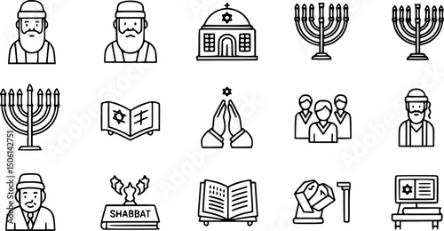 Jewish religion icons set – solid style cultural, tradition, and faith symbols for synagogue representation: rabbi, synagogue, prayer group, menorah, torah, shabbat, teaching. 