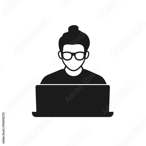Person with glasses working on a laptop, representing freelancer, remote work, computer, technology, office, developer, programmer, and business