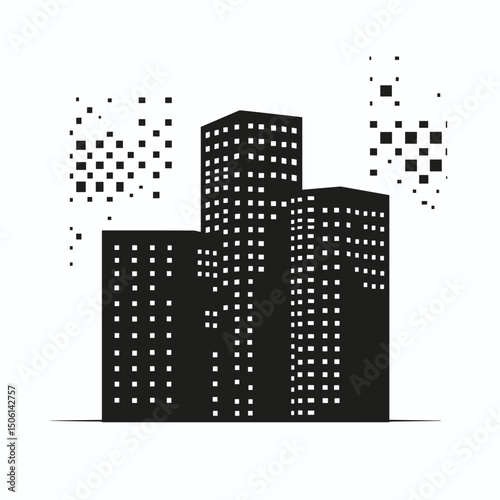 Modern city skyline with buildings transforming into digital pixels, illustrating smart city, innovation, architecture, technology, and urban development
