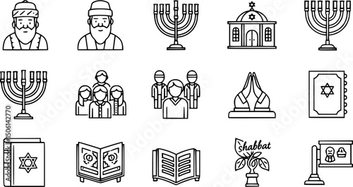 Jewish religion icons set – solid style cultural, tradition, and faith symbols for synagogue representation: rabbi, synagogue, prayer group, menorah, torah, shabbat, teaching. 