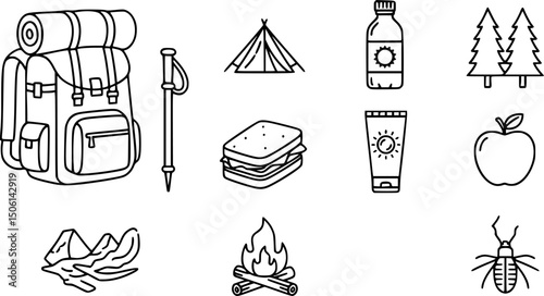 Camping essentials solid icon set – flat outdoor, hiking, and nature symbols for adventure: backpack, sandwich, water bottle, sunscreen, apple, bug spray, campfire 