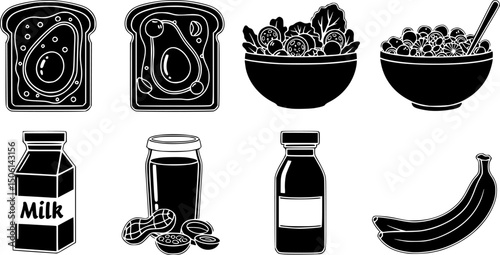 Breakfast line icons set: pancakes, coffee, oatmeal, juice, bacon, news, pie