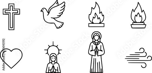 Christian symbols solid icon set – filled style faith and spiritual symbols for religious design: cross, dove, flame, praying figure, robe, heart, sun, wind