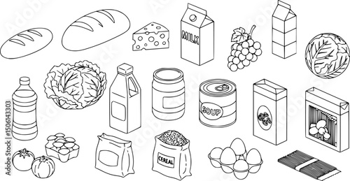 Grocery shopping essentials: 3d outline icon set with bread, cheese, and more