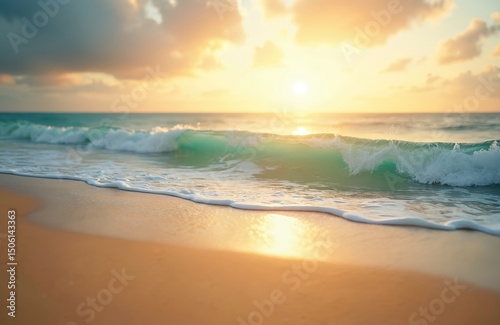 Serene sunset beach scene with ocean waves rolling ashore. Golden sand, turquoise water. Calm, peaceful, tranquil atmosphere. Tropical vacation destination. Horizon, sky, sun creating warm light,