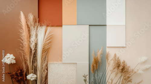 Palette of Nature's Whisper: A composition of muted and pastel-colored rectangular blocks, adorned with delicate pampas grass and white flowers.