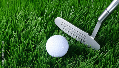 Golf ball and club on green grass, closeup. Space for text