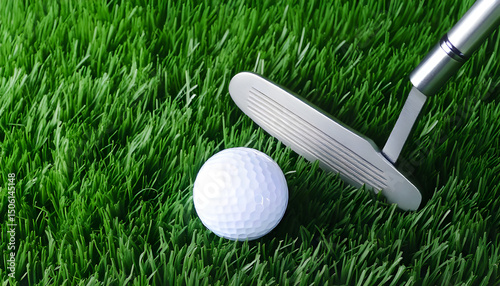 Golf club and golf ball close up in grass field with sunset.