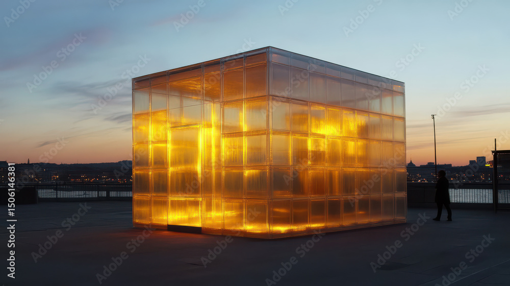 Obraz premium Glowing Cube Sculpture: A captivating translucent cube sculpture emitting a warm, inviting inner light. Situated outdoors against a twilight sky.