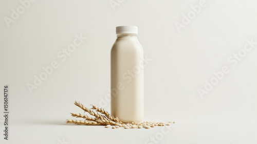 A bottle of smooth oat  milk with a fresh oat  placed beside it for a wholesome touch isolated on white background 
