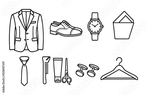 Men's fashion outline icons set – silhouette, clothing, accessories symbols