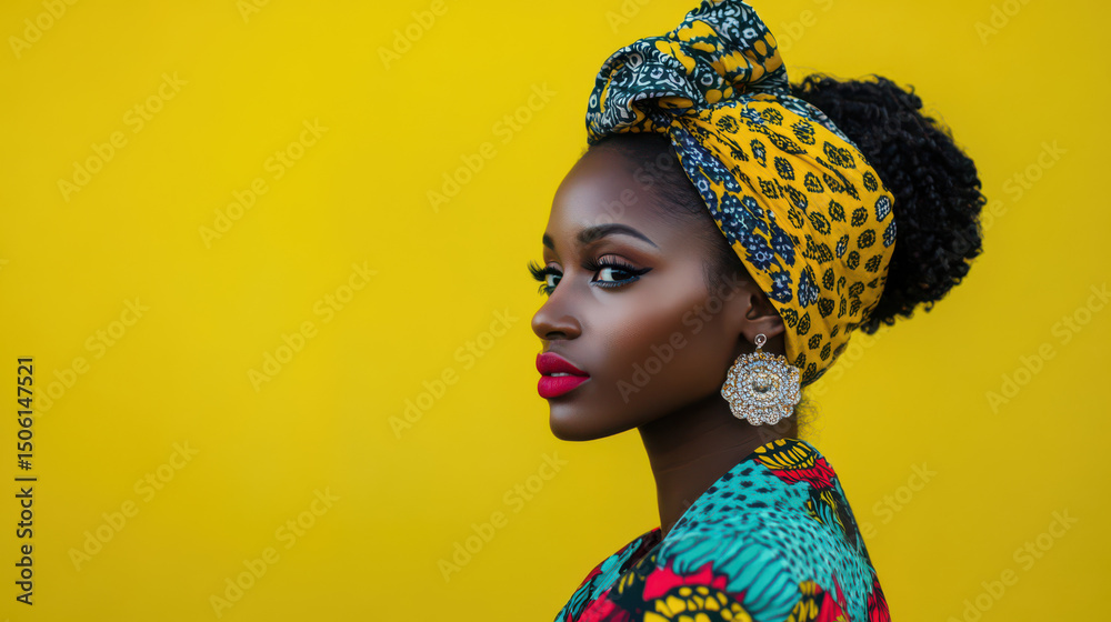 Naklejka premium Portrait of Cultural Beauty: A captivating profile of a woman, draped in the vibrancy of cultural elegance, adorned with a headscarf and traditional accessories.