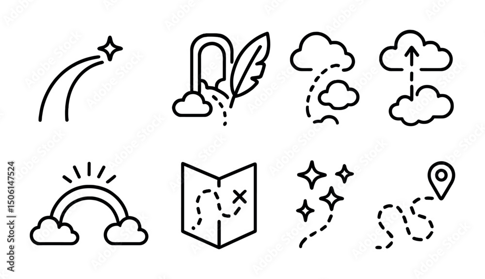 Fototapeta premium Journey and adventure line icons set – outline, map, travel path vectors