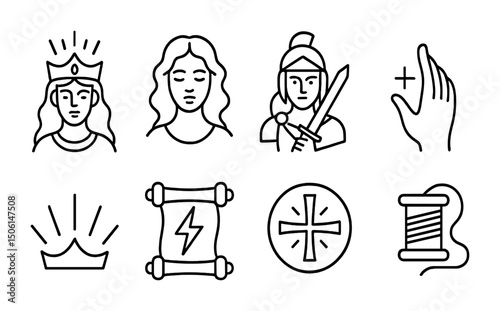 Mythology outline icons set – linear, ancient, legend and cultural symbols