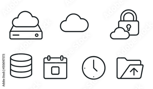 Cloud storage and security icons set – outline, line, data protection symbols