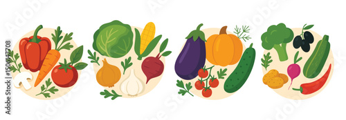 Collection of fresh vegetables including tomato, carrot, cabbage, corn, eggplant, cucumber, broccoli, chili, and garlic. Flat vector illustration on white background. Healthy food and vegetarian