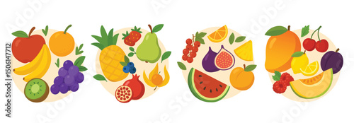 Collection of assorted fruits including apple, banana, kiwi, pineapple, pear, berries, fig, melon, and citrus slices. Flat vector illustration on white background. Healthy nutrition