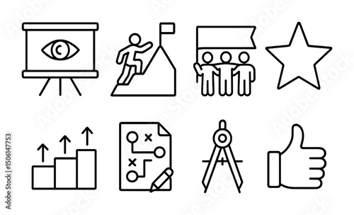 Business success outline icons set – linear, strategy, growth and achievement symbols