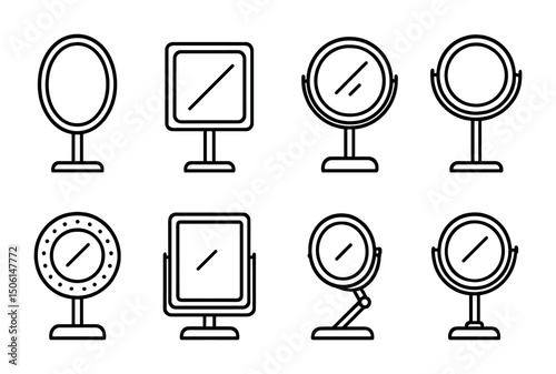 Mirror icons set – outline, linear, reflection and grooming symbols