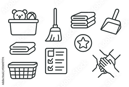 Cleaning and organization outline icons set – linear, household, tidy home solutions