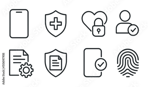 Security and privacy linear icons set – outline, cyber, data protection symbols