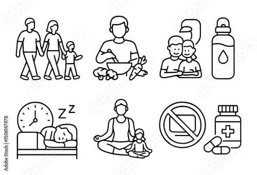 Family and parenthood line icons set – outline, childcare, health and wellness symbols