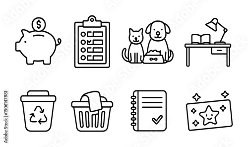 Pet care and home outline icons set – linear, simple, domestic animal symbols